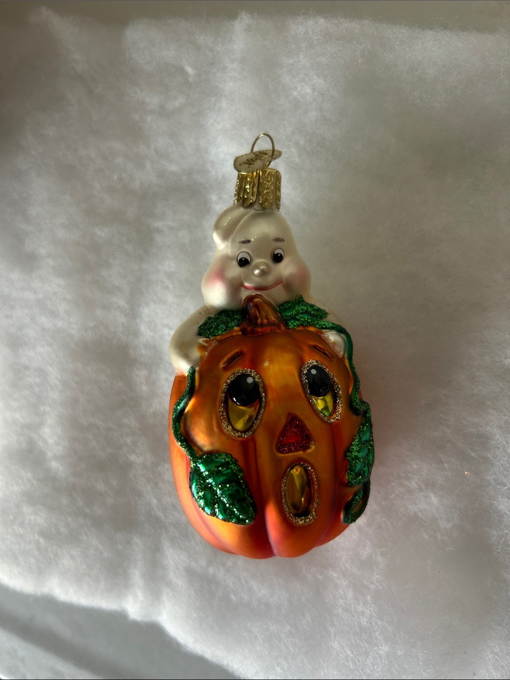 Halloween Glass Pumpkin Ornament with Ghost Accent - Orange